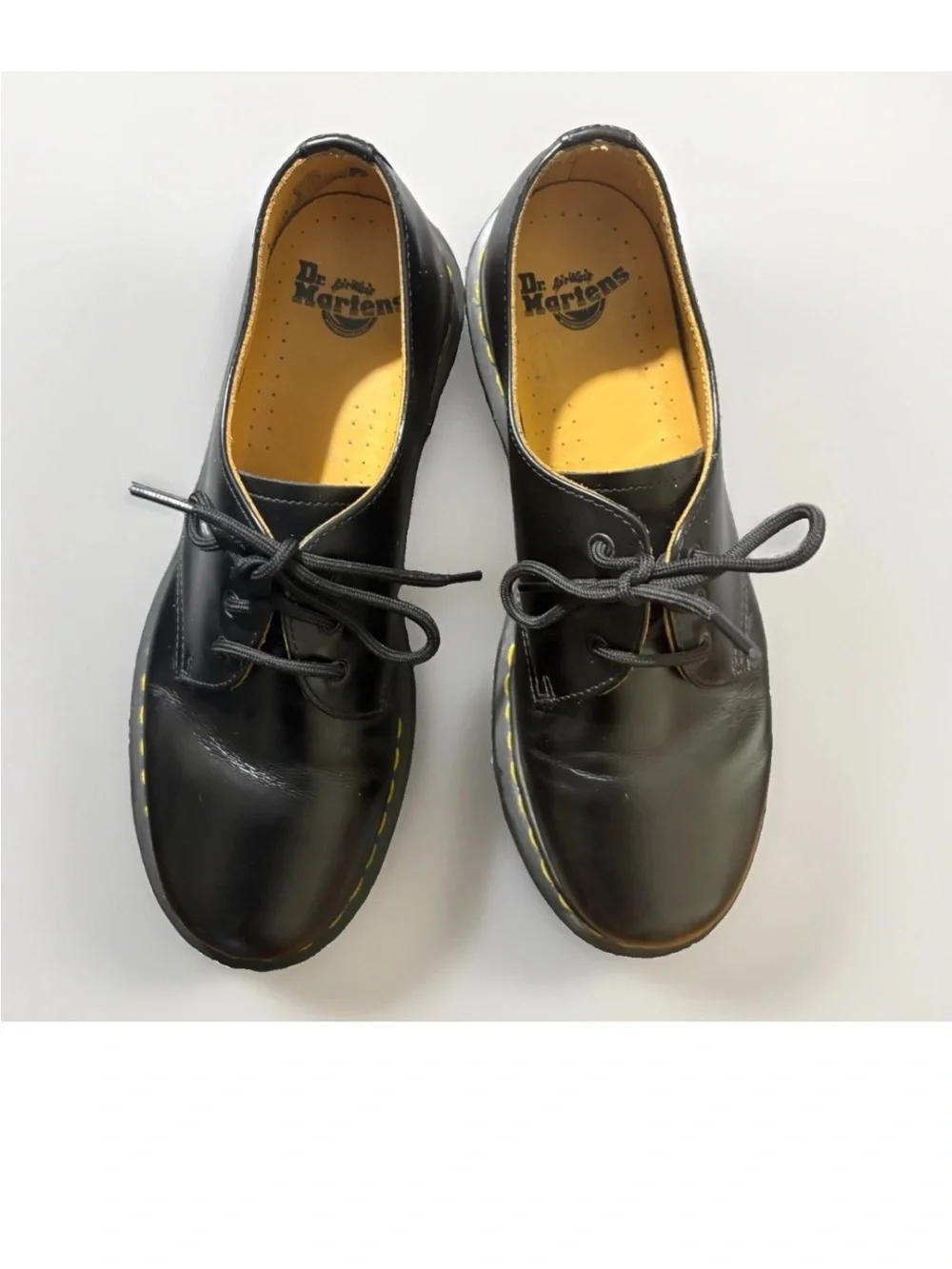 Dr. Martens Black Leather 3-Eye Derby with Yellow Welt Stitch